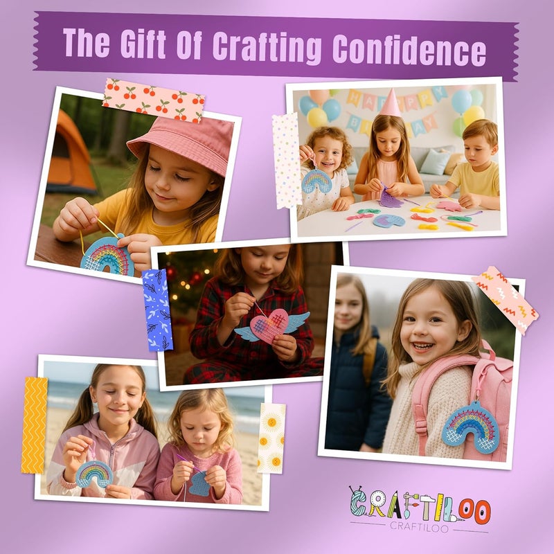 CRAFTILOO My First Cross Stitch Kit for Kids Ages 6–12 – Beginner Needlepoint Set with Pre-Cut Felt, Thread & Keyrings – Makes 4 Colorful Designs: Unicorn, Rainbow, Winged Heart - Image 3